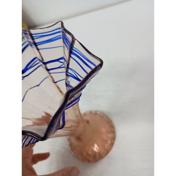 VTG Bohemian Hand Blown Art Glass Vase Pink Blue Flare Rim MCM Czechoslovakia - Picture 8 of 11